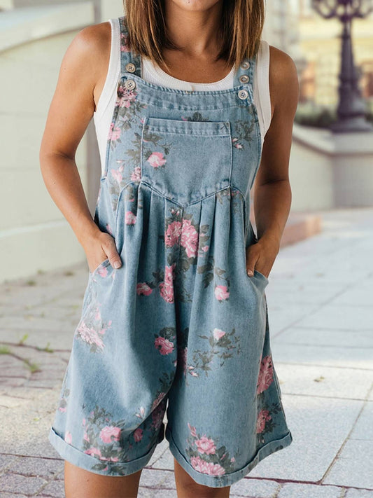 Floral Print Denim Overalls